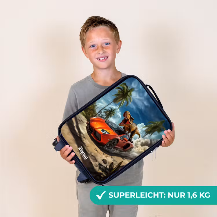 Rode sportauto met dino raast door tropisch strand Kinderkoffer - Zwart klein -sfeer4_DE