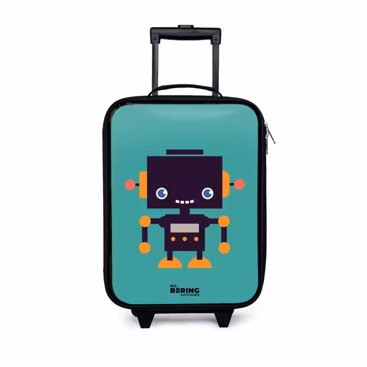 Zwarte robot met oranje accenten op een blauwe achtergrond Kinderkoffer - Zwart klein -3d
