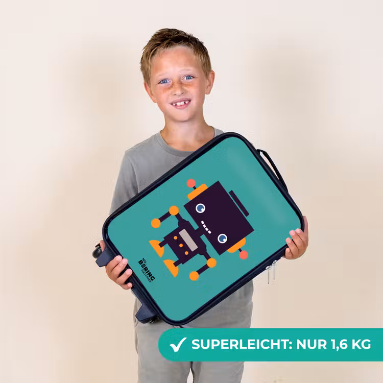 Zwarte robot met oranje accenten op een blauwe achtergrond Kinderkoffer - Zwart klein -sfeer4_DE