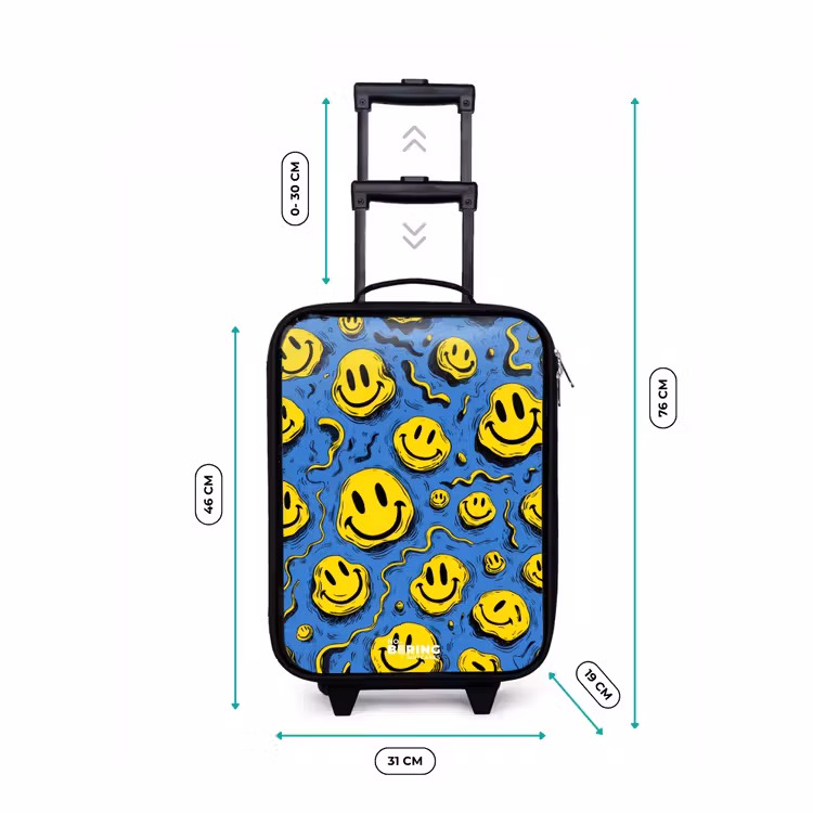 Smiley - Geel - Blauw Kinderkoffer - Zwart klein -productfoto_formaten