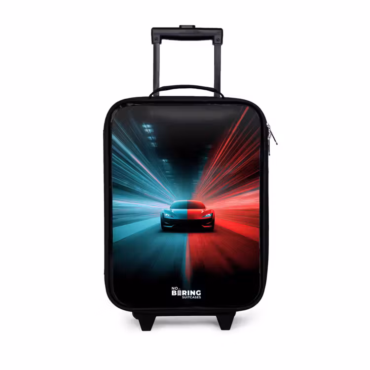 Sportwagen - Lichtstralen - Neon - Blauw Kinderkoffer - Zwart klein -3d