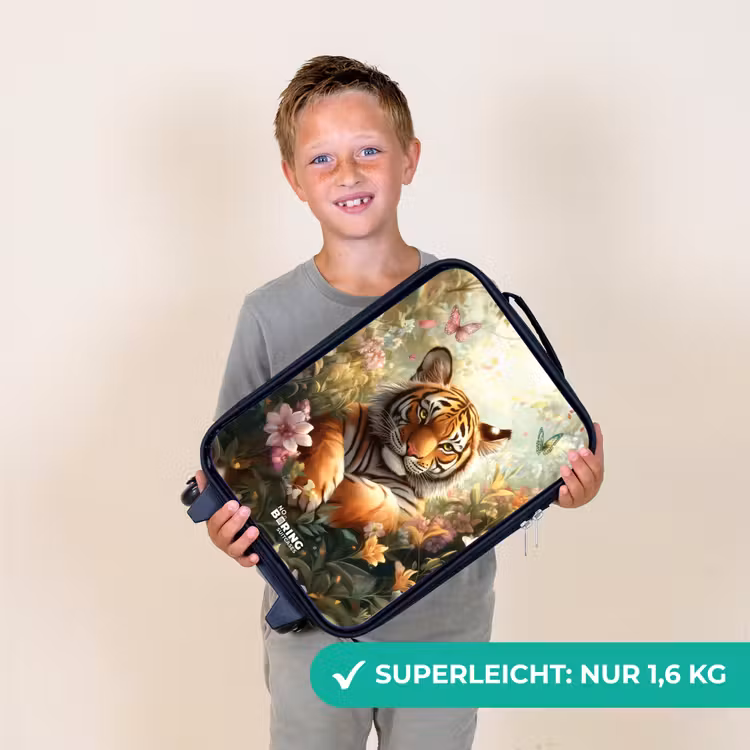 Tijger in bloemenveld met vlinders en zonlicht Kinderkoffer - Zwart klein -sfeer4_DE