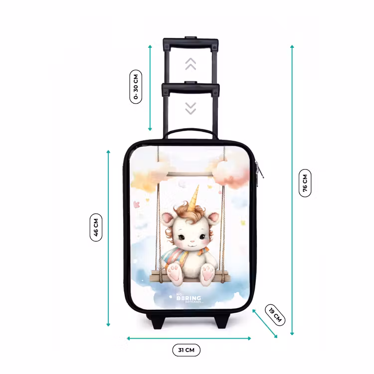 Witte baby eenhoorn op een schommel in de wolken Kinderkoffer - Zwart klein -productfoto_formaten