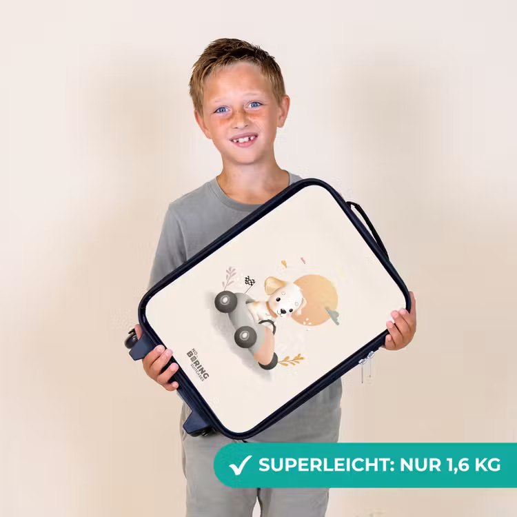 Puppy in een raceauto in beige kleuren Kinderkoffer - Zwart klein -sfeer4_DE
