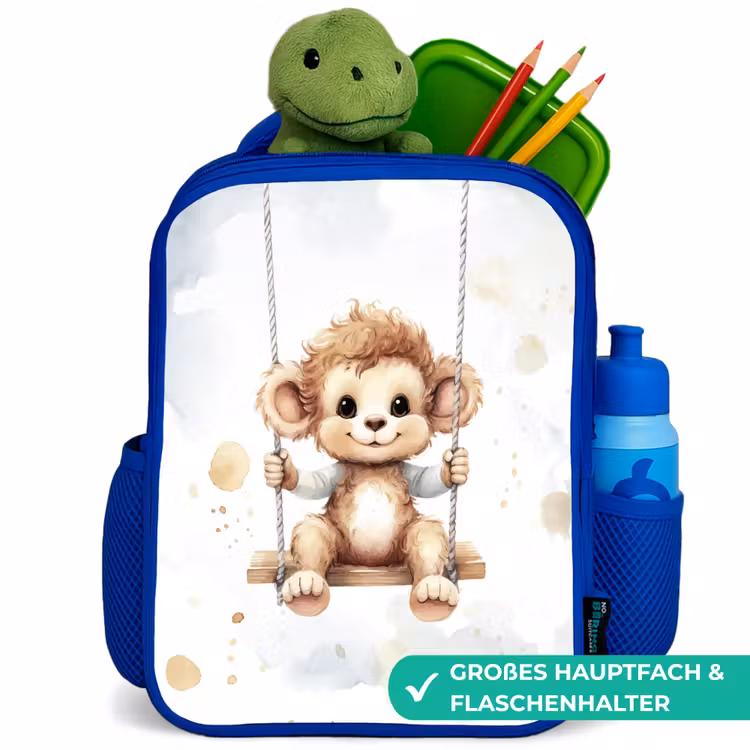 Aap - Dier - Kinderen Kinderrugzak - Blauw middel -inhoud_DE