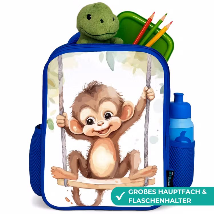 Aap - Dier - Kinderen - Jungle Kinderrugzak - Blauw middel -inhoud_DE