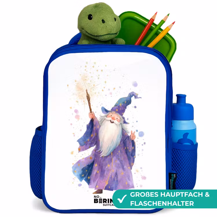 Oude tovenaar met staf Kinderrugzak - Blauw middel -inhoud_DE