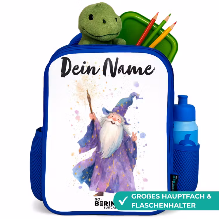 Oude tovenaar met staf Kinderrugzak - Blauw middel -inhoud_DE