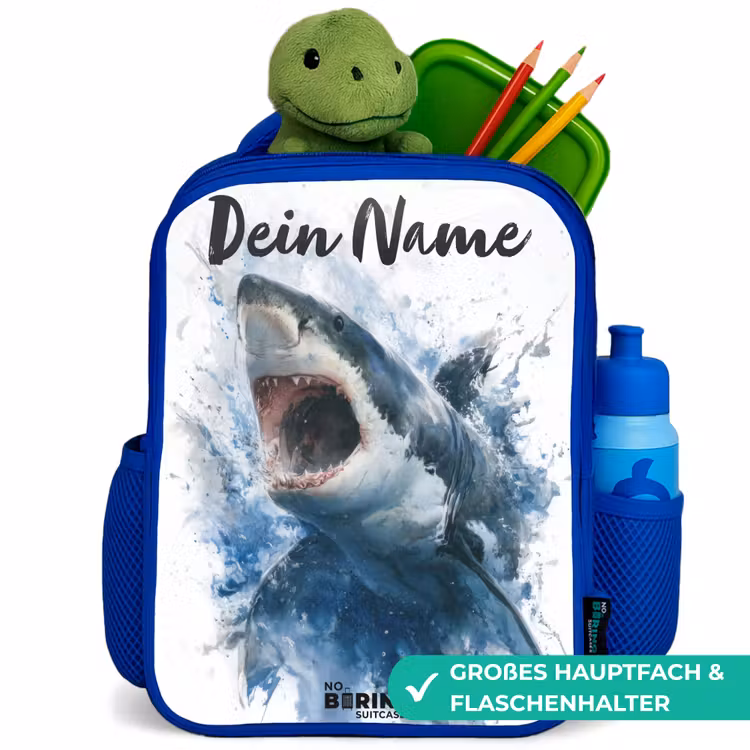 Aanvallende haai in waterverf Kinderrugzak - Blauw middel -inhoud_DE
