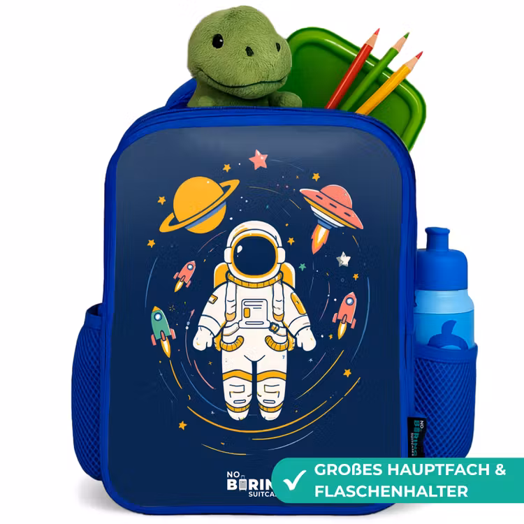 Astronaut - Planeet - Sterren - Raket Kinderrugzak - Blauw middel -inhoud_DE