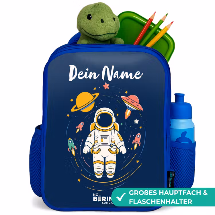 Astronaut - Planeet - Sterren - Raket Kinderrugzak - Blauw middel -inhoud_DE