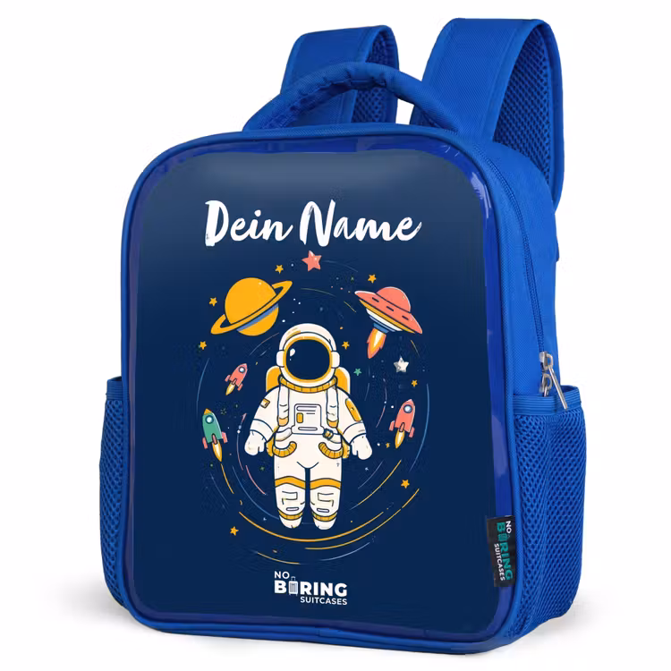 Astronaut - Planeet - Sterren - Raket Kinderrugzak - Blauw middel -schuin