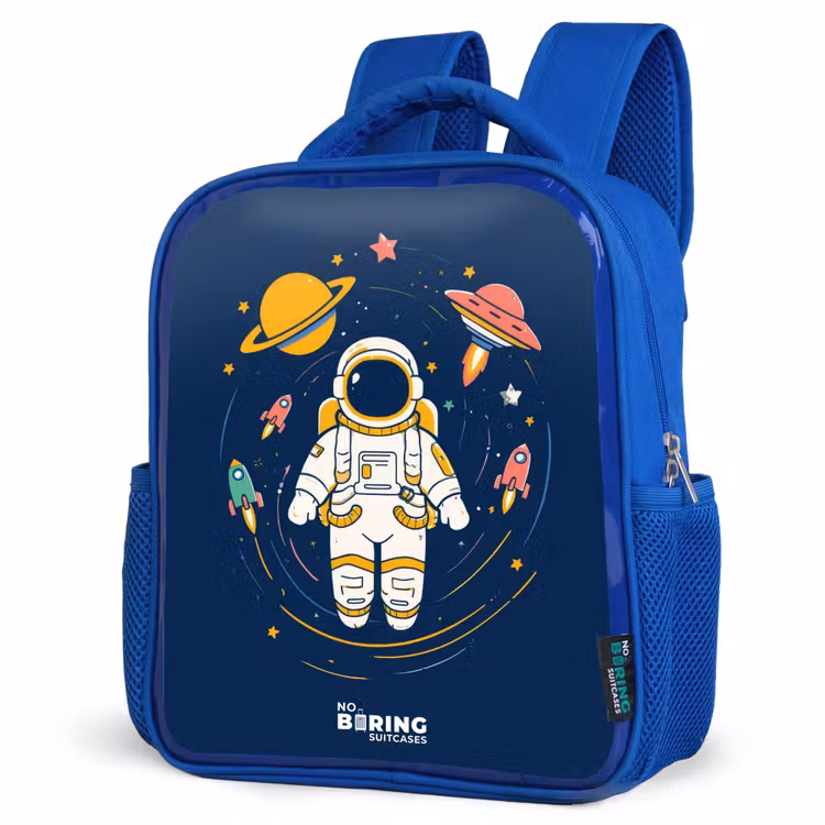 Astronaut - Planeet - Sterren - Raket Kinderrugzak - Blauw middel -schuin