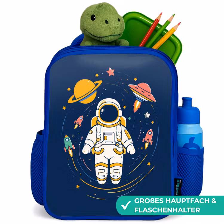 Astronaut - Planeten - Raket Kinderrugzak - Blauw middel -inhoud_DE