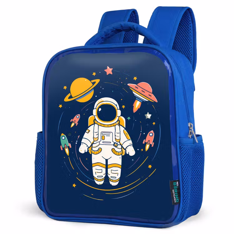 Astronaut - Planeten - Raket Kinderrugzak - Blauw middel -schuin