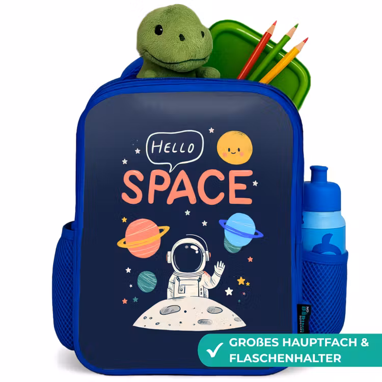Astronaut - Ruimte - Planeten Kinderrugzak - Blauw middel -inhoud_DE