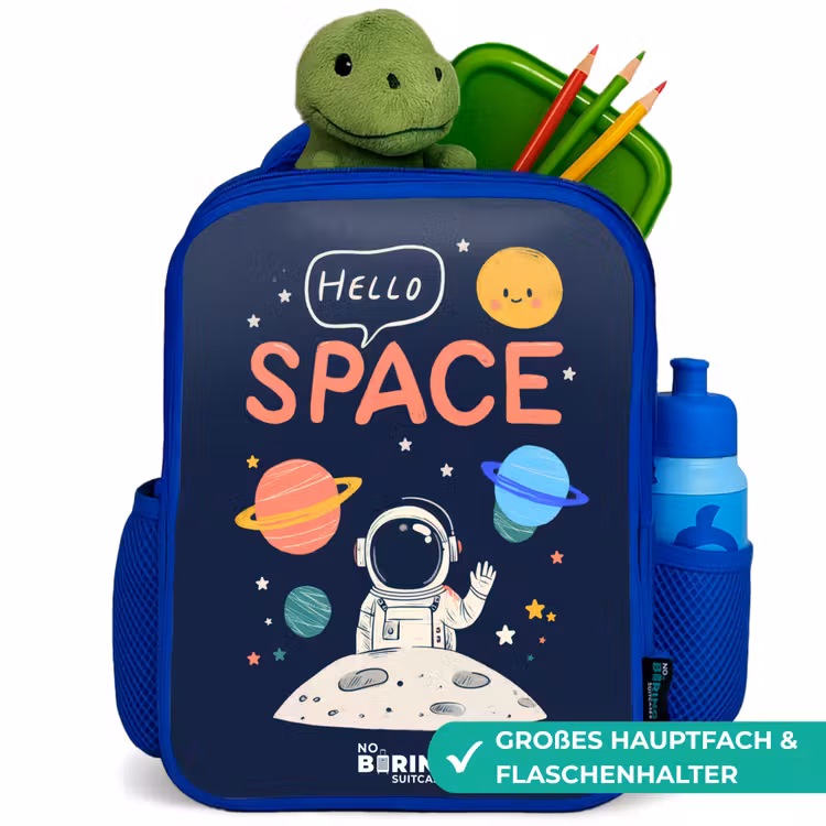 Astronaut - Quote - Planeten - Sterren Kinderrugzak - Blauw middel -inhoud_DE