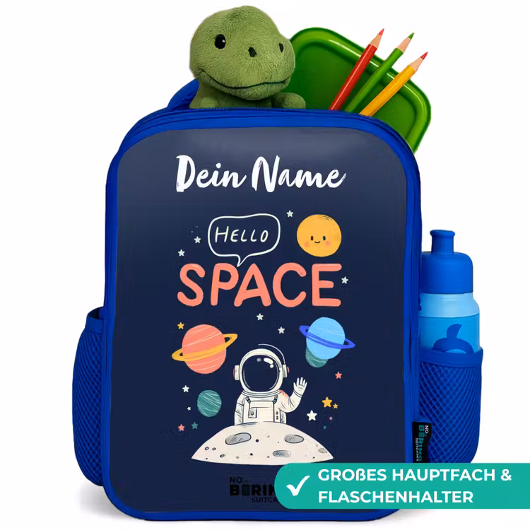 Astronaut - Quote - Planeten - Sterren Kinderrugzak - Blauw middel -inhoud_DE