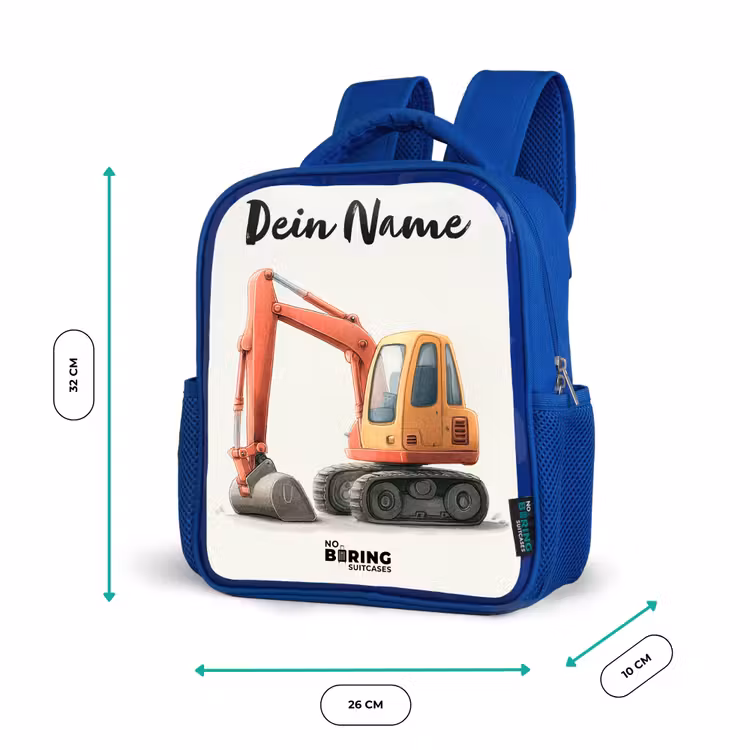 Graafmachine - Getekend - Oranje Kinderrugzak - Blauw middel -productfoto_formaten