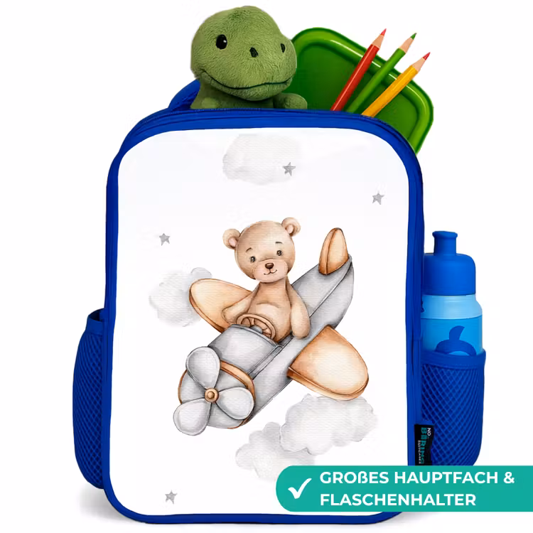 Beer - Vliegtuig - Sterren - Kinderen Kinderrugzak - Blauw middel -inhoud_DE
