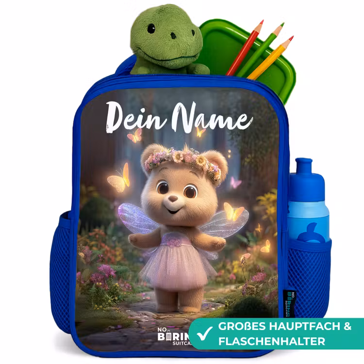 Beer - Vlinders - Bos - Fairy Kinderrugzak - Blauw middel -inhoud_DE
