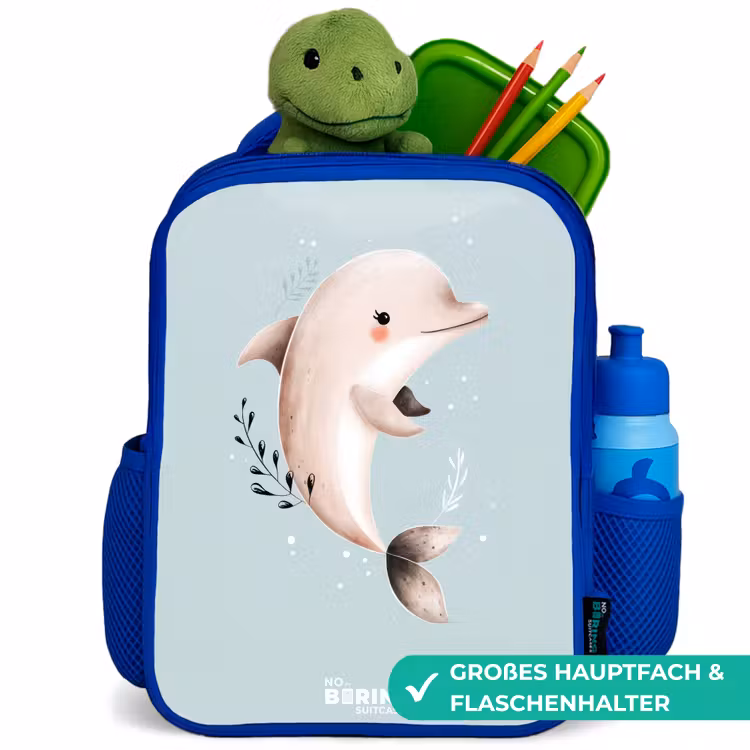 Beige dolfijn in blauw water Kinderrugzak - Blauw middel -inhoud_DE