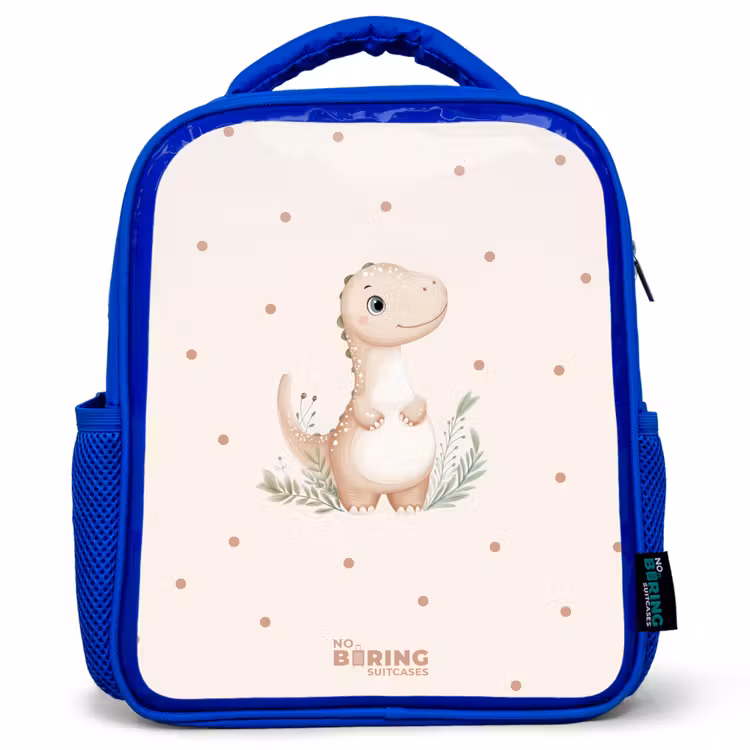 Beige dino op een stippen achtergrond Kinderrugzak - Blauw middel -3d