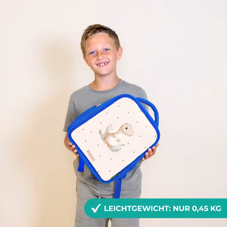 Beige dino op een stippen achtergrond Kinderrugzak - Blauw middel -sfeer1_DE