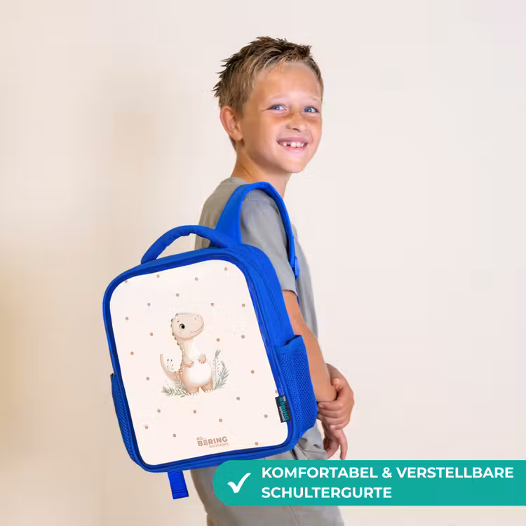 Beige dino op een stippen achtergrond Kinderrugzak - Blauw middel -sfeer3_DE