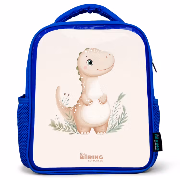Beige dinosaurus met groene blaadjes Kinderrugzak - Blauw middel -3d