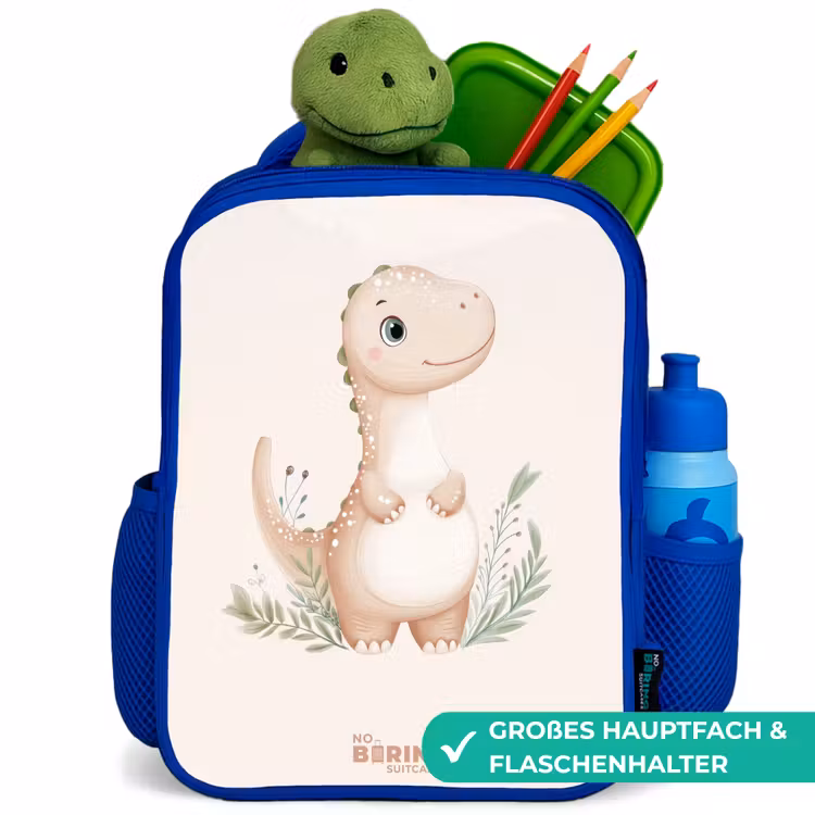 Beige dinosaurus met groene blaadjes Kinderrugzak - Blauw middel -inhoud_DE