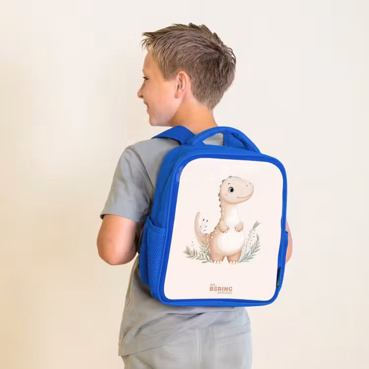 Beige dinosaurus met groene blaadjes Kinderrugzak - Blauw middel -sfeer2