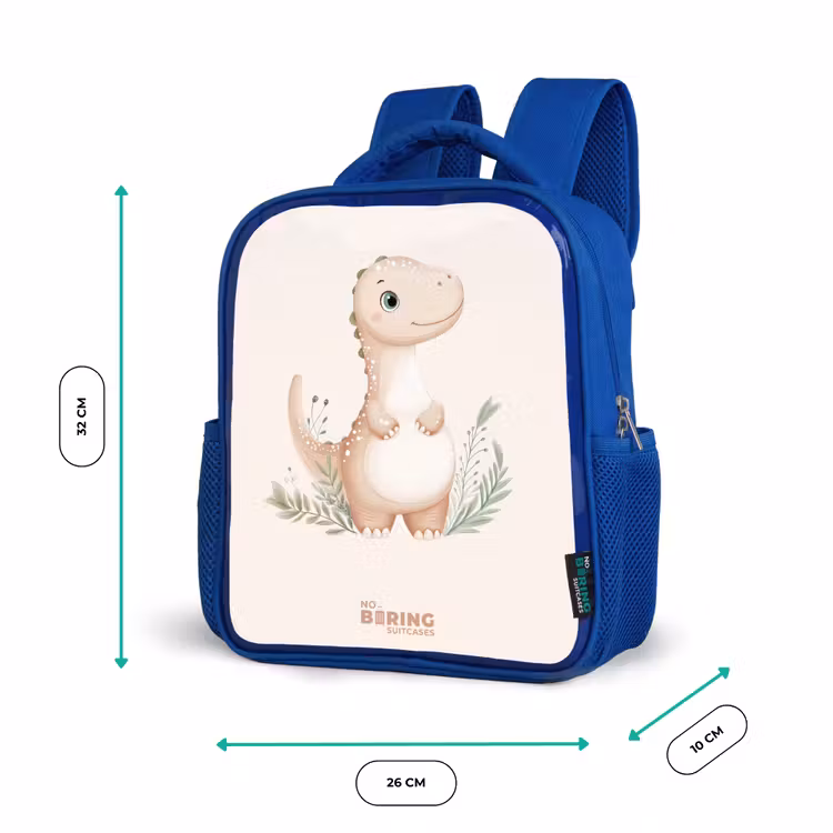 Beige dinosaurus met groene blaadjes Kinderrugzak - Blauw middel -productfoto_formaten