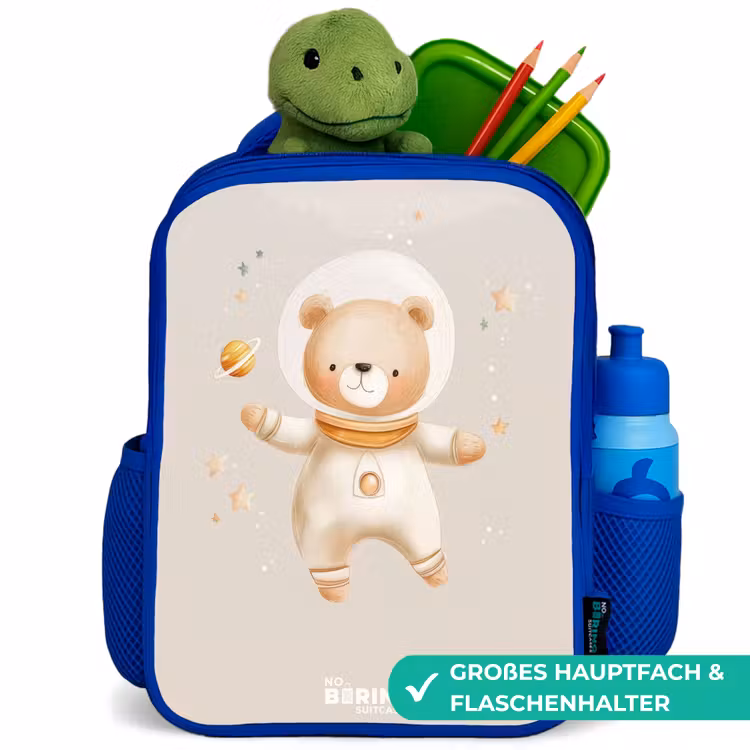 Beige ruimtebeer zweeft tussen sterren Kinderrugzak - Blauw middel -inhoud_DE
