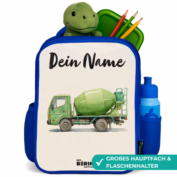 Betonmixer - Getekend - Groen Kinderrugzak - Blauw middel -inhoud_DE