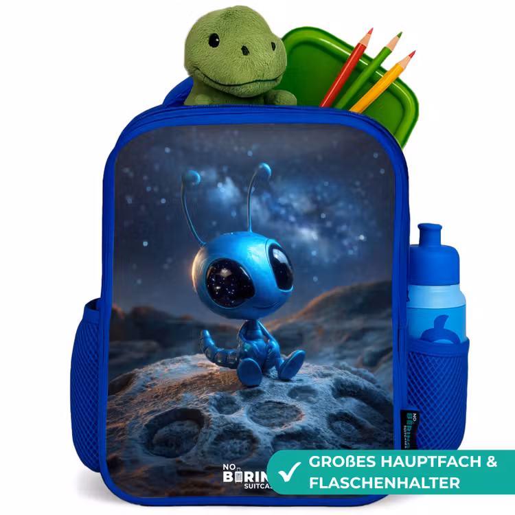 Blauw buitenaards wezentje onder sterrenhemel Kinderrugzak - Blauw middel -inhoud_DE