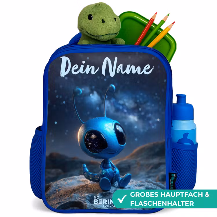 Blauw buitenaards wezentje onder sterrenhemel Kinderrugzak - Blauw middel -inhoud_DE