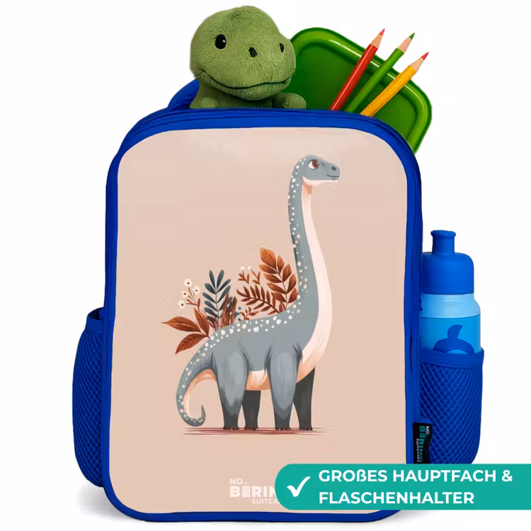 Blauwe dinosaurus op een beige achtergrond Kinderrugzak - Blauw middel -inhoud_DE
