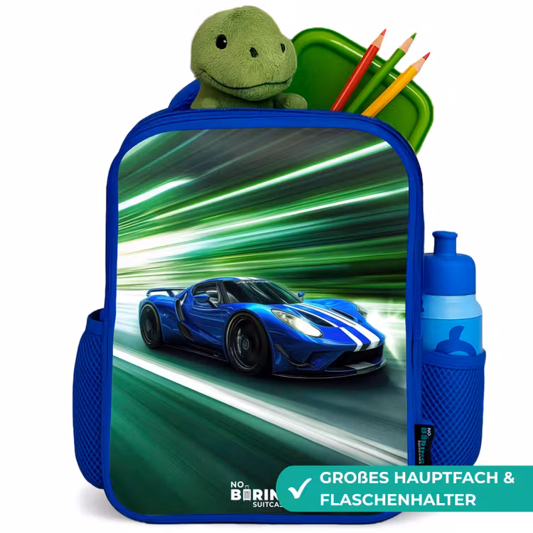Blauwe raceauto met strepen in groene tunnel Kinderrugzak - Blauw middel -inhoud_DE