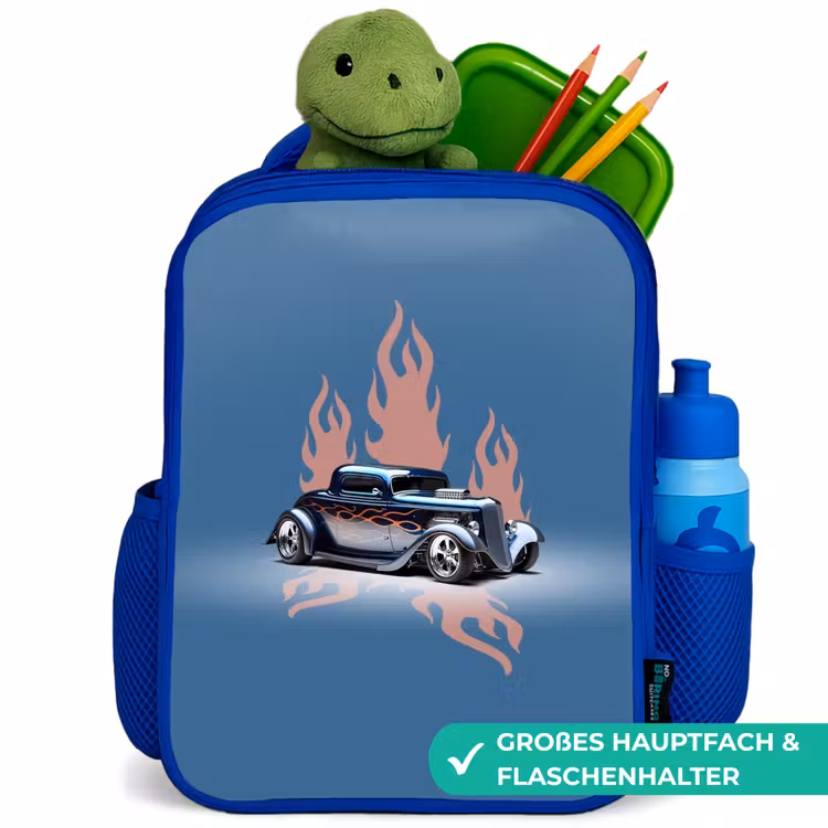 Blauwe auto met roze vlammen Kinderrugzak - Blauw middel -inhoud_DE