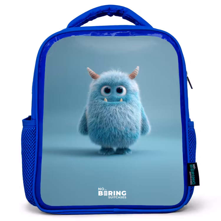 Blauw pluizig monster met hoorns Kinderrugzak - Blauw middel -3d