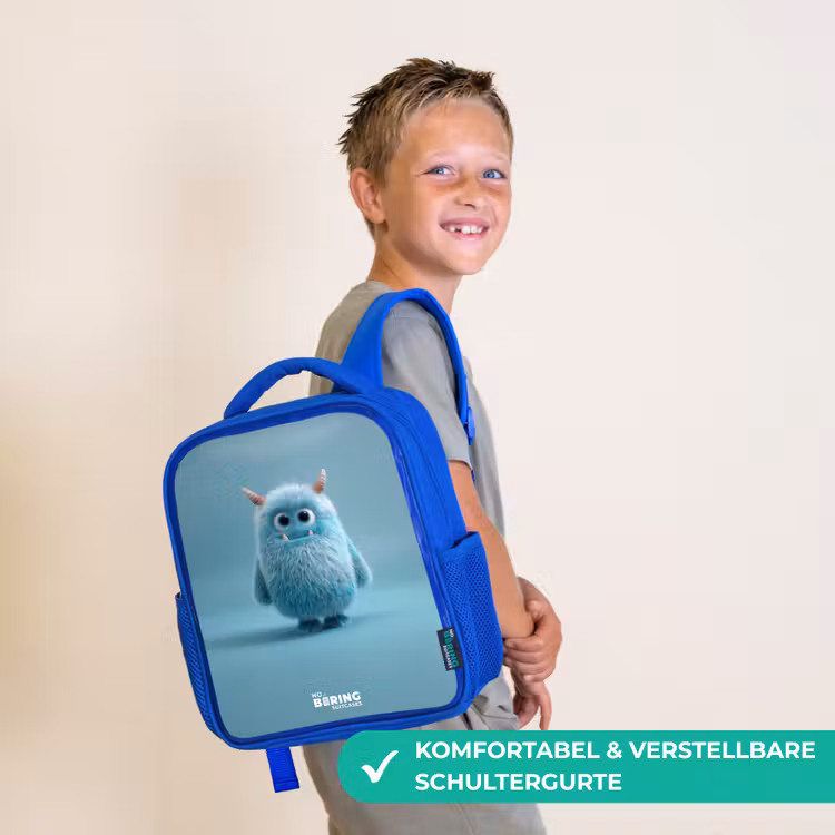 Blauw pluizig monster met hoorns Kinderrugzak - Blauw middel -sfeer3_DE