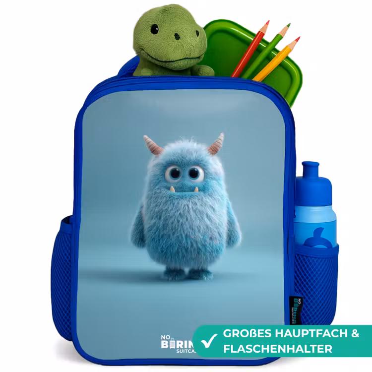Blauw pluizig monster met hoorns Kinderrugzak - Blauw middel -inhoud_DE