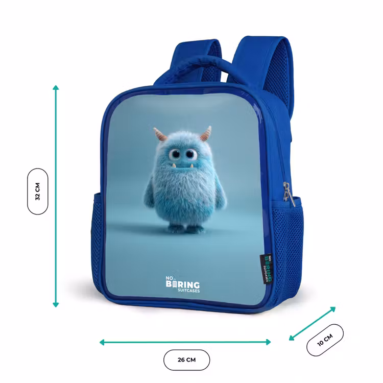 Blauw pluizig monster met hoorns Kinderrugzak - Blauw middel -productfoto_formaten