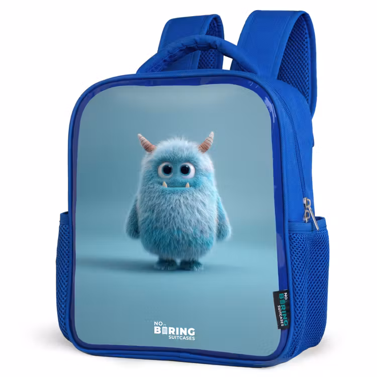 Blauw pluizig monster met hoorns Kinderrugzak - Blauw middel -schuin