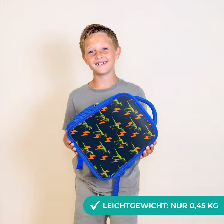 Bliksemschichten - Oranje - Dinosaurussen Kinderrugzak - Blauw middel -sfeer1_DE