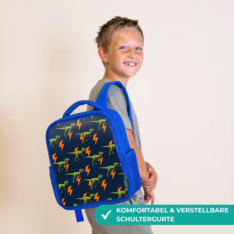 Bliksemschichten - Oranje - Dinosaurussen Kinderrugzak - Blauw middel -sfeer3_DE