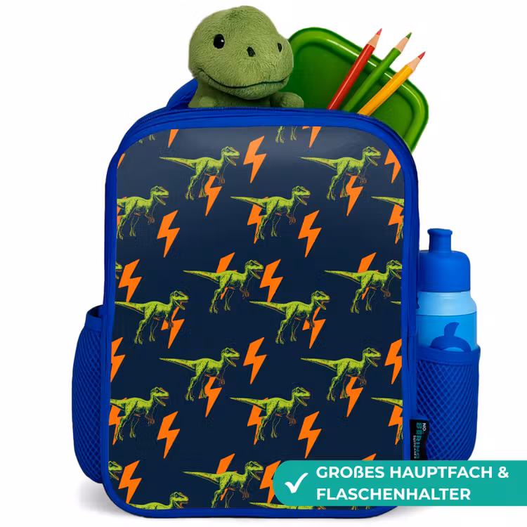 Bliksemschichten - Oranje - Dinosaurussen Kinderrugzak - Blauw middel -inhoud_DE