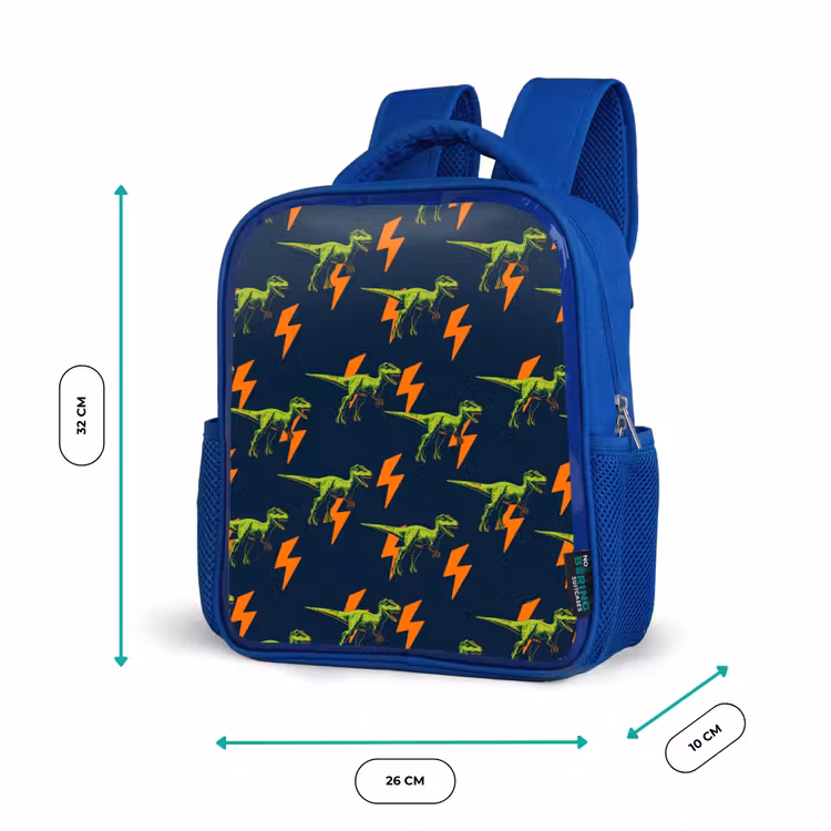 Bliksemschichten - Oranje - Dinosaurussen Kinderrugzak - Blauw middel -productfoto_formaten