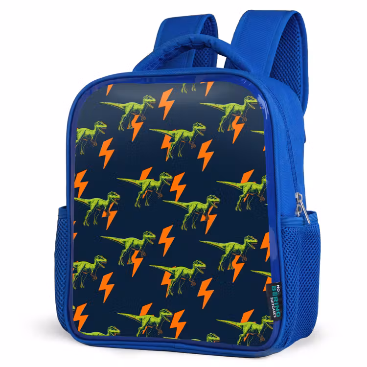 Bliksemschichten - Oranje - Dinosaurussen Kinderrugzak - Blauw middel -schuin